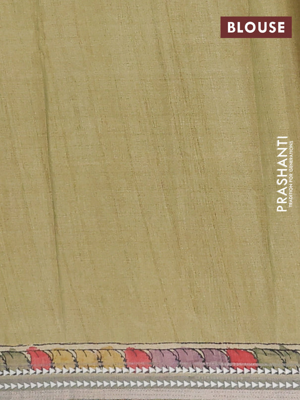 Semi tussar saree mustard yellow and pastel green with allover kalamkari prints and printed border