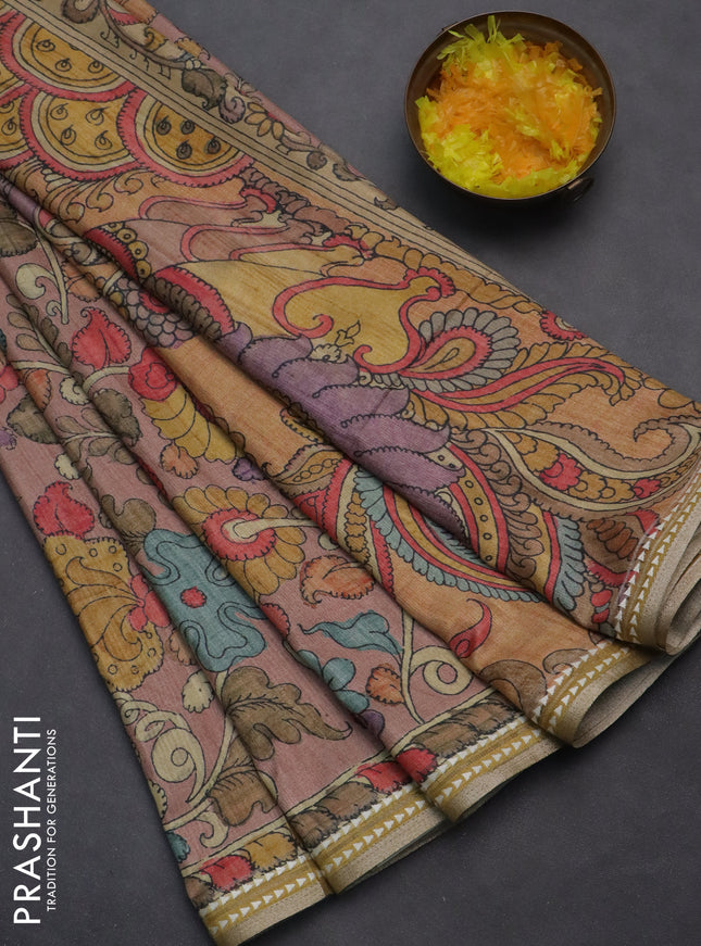 Semi tussar saree pastel peach and mustard yellow with allover kalamkari prints and printed border
