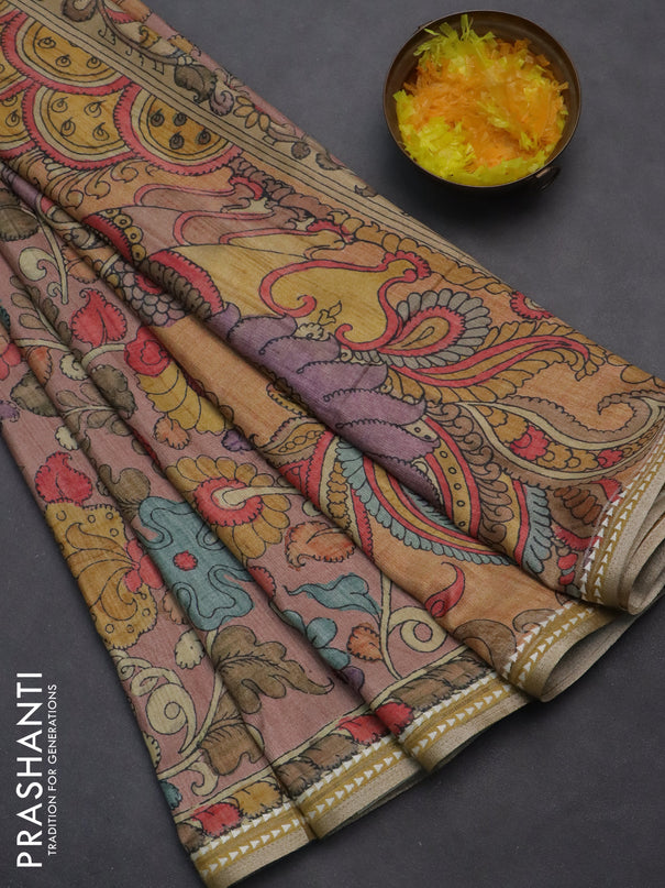 Semi tussar saree pastel peach and mustard yellow with allover kalamkari prints and printed border