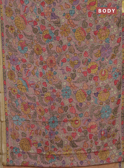 Semi tussar saree pastel peach and mustard yellow with allover kalamkari prints and printed border