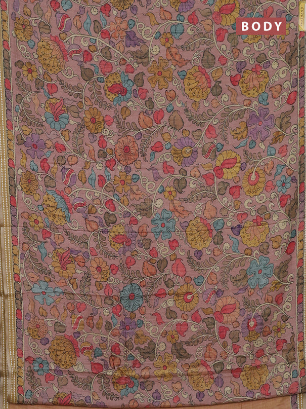 Semi tussar saree pastel peach and mustard yellow with allover kalamkari prints and printed border