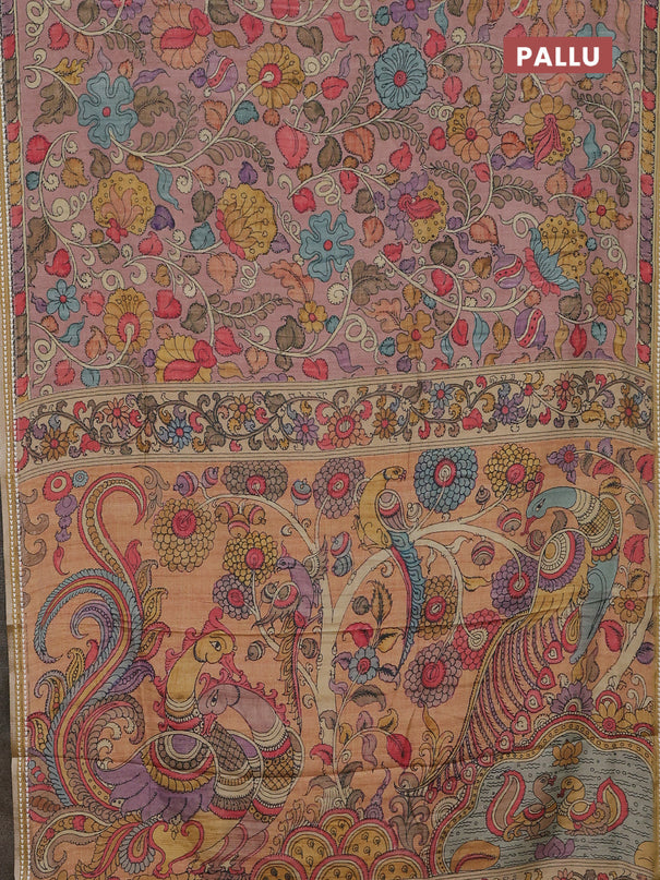 Semi tussar saree pastel peach and mustard yellow with allover kalamkari prints and printed border