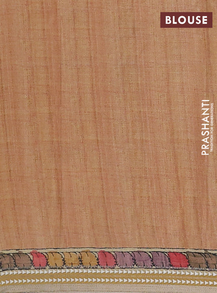 Semi tussar saree pastel peach and mustard yellow with allover kalamkari prints and printed border