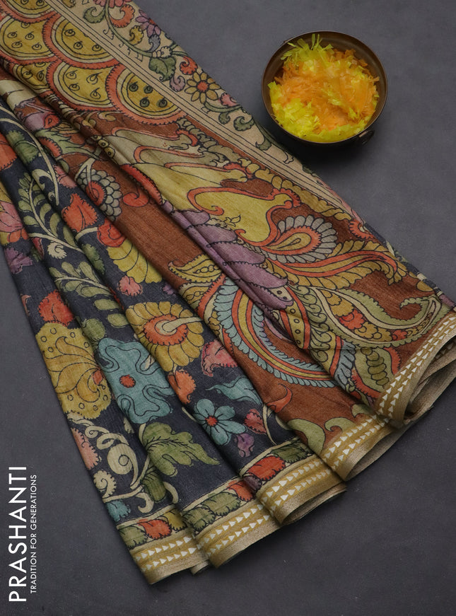 Semi tussar saree elephant grey and mustard yellow with allover kalamkari prints and printed border