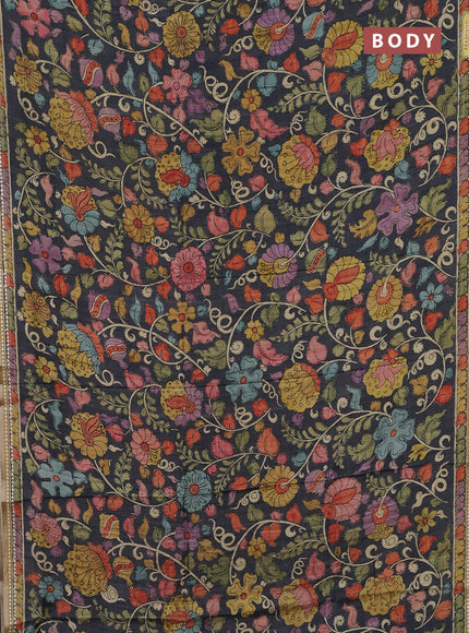 Semi tussar saree elephant grey and mustard yellow with allover kalamkari prints and printed border