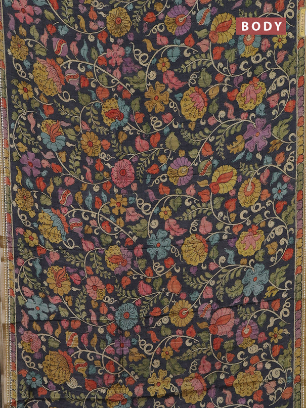 Semi tussar saree elephant grey and mustard yellow with allover kalamkari prints and printed border