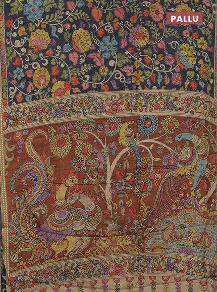 Semi tussar saree elephant grey and mustard yellow with allover kalamkari prints and printed border