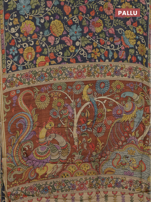 Semi tussar saree elephant grey and mustard yellow with allover kalamkari prints and printed border