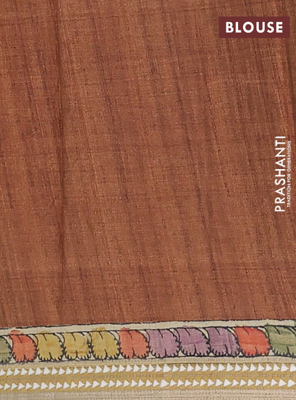 Semi tussar saree elephant grey and mustard yellow with allover kalamkari prints and printed border