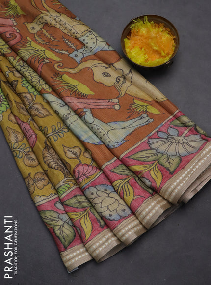 Semi tussar saree mustard yellow and pink with allover kalamkari prints and printed border