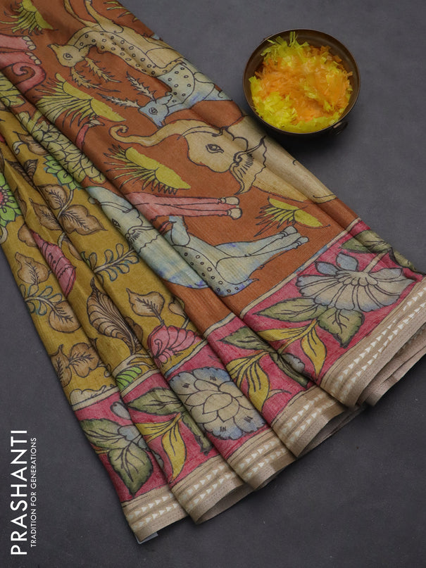 Semi tussar saree mustard yellow and pink with allover kalamkari prints and printed border