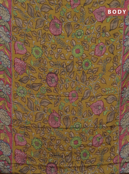 Semi tussar saree mustard yellow and pink with allover kalamkari prints and printed border