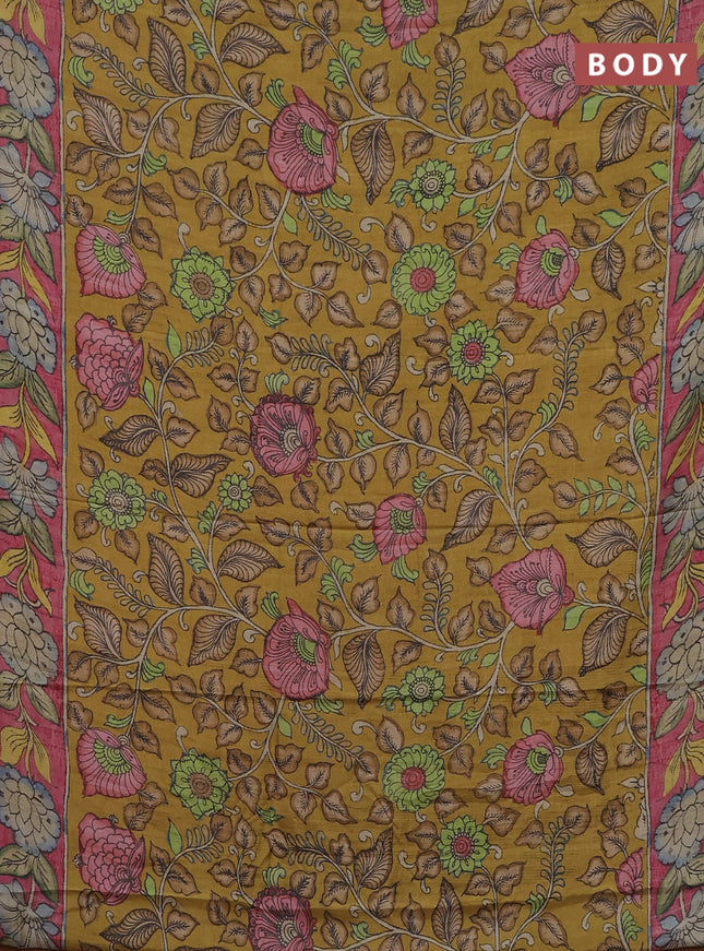 Semi tussar saree mustard yellow and pink with allover kalamkari prints and printed border