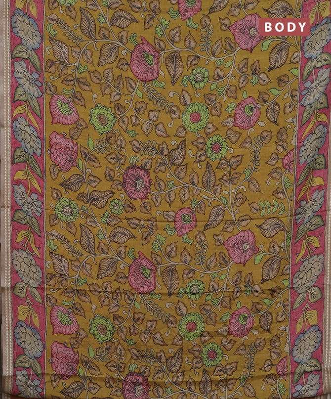 Semi tussar saree mustard yellow and pink with allover kalamkari prints and printed border