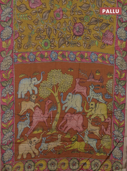 Semi tussar saree mustard yellow and pink with allover kalamkari prints and printed border