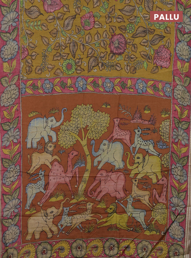 Semi tussar saree mustard yellow and pink with allover kalamkari prints and printed border