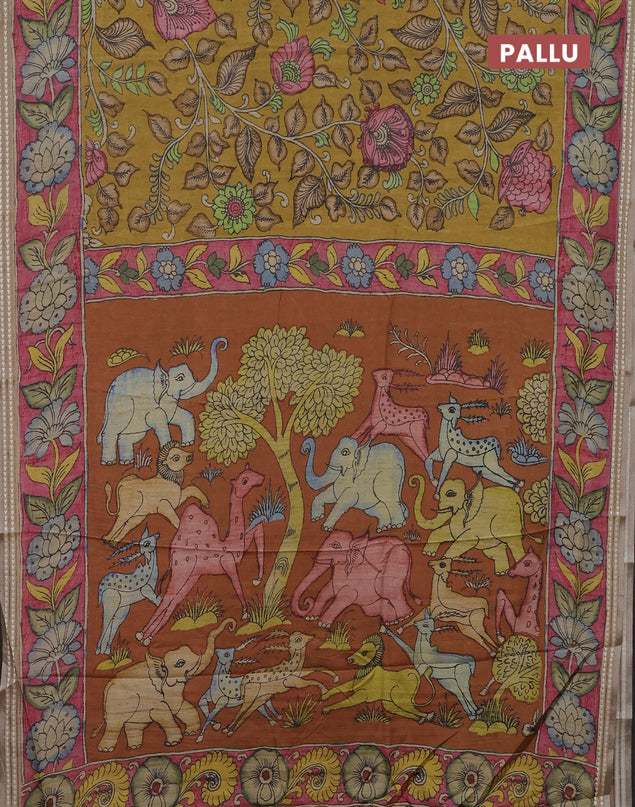 Semi tussar saree mustard yellow and pink with allover kalamkari prints and printed border