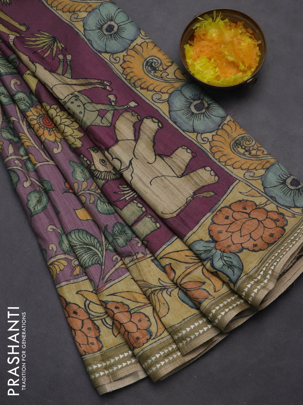 Semi tussar saree pastel purple and yellow shade with allover kalamkari prints and printed border