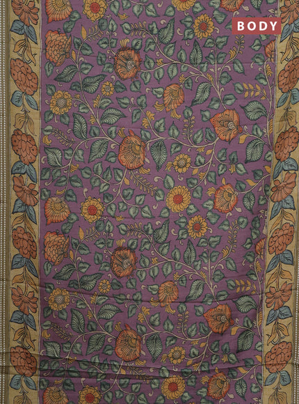Semi tussar saree pastel purple and yellow shade with allover kalamkari prints and printed border