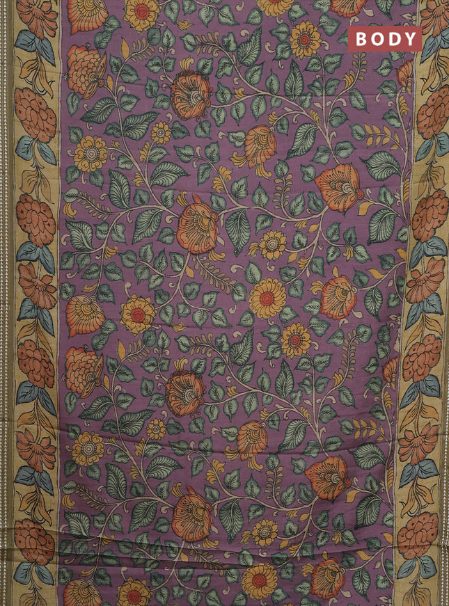 Semi tussar saree pastel purple and yellow shade with allover kalamkari prints and printed border