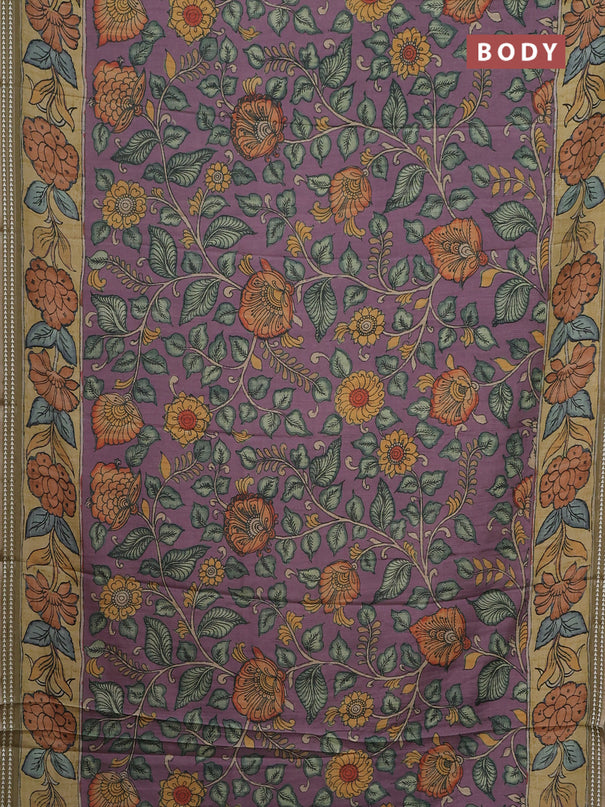 Semi tussar saree pastel purple and yellow shade with allover kalamkari prints and printed border