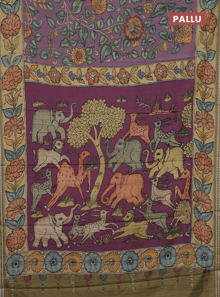 Semi tussar saree pastel purple and yellow shade with allover kalamkari prints and printed border