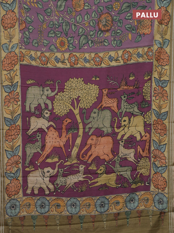 Semi tussar saree pastel purple and yellow shade with allover kalamkari prints and printed border