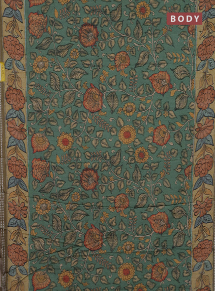 Semi tussar saree green and mustard yellow with allover kalamkari prints and printed border