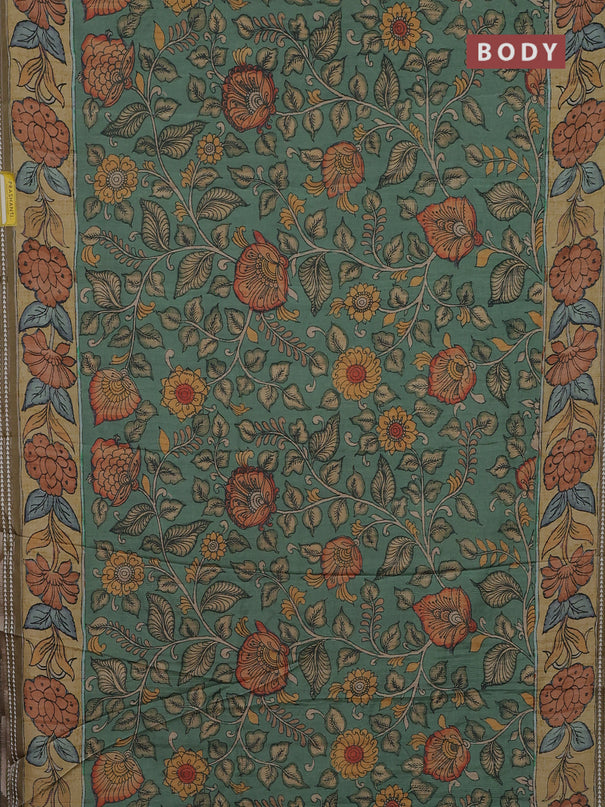 Semi tussar saree green and mustard yellow with allover kalamkari prints and printed border