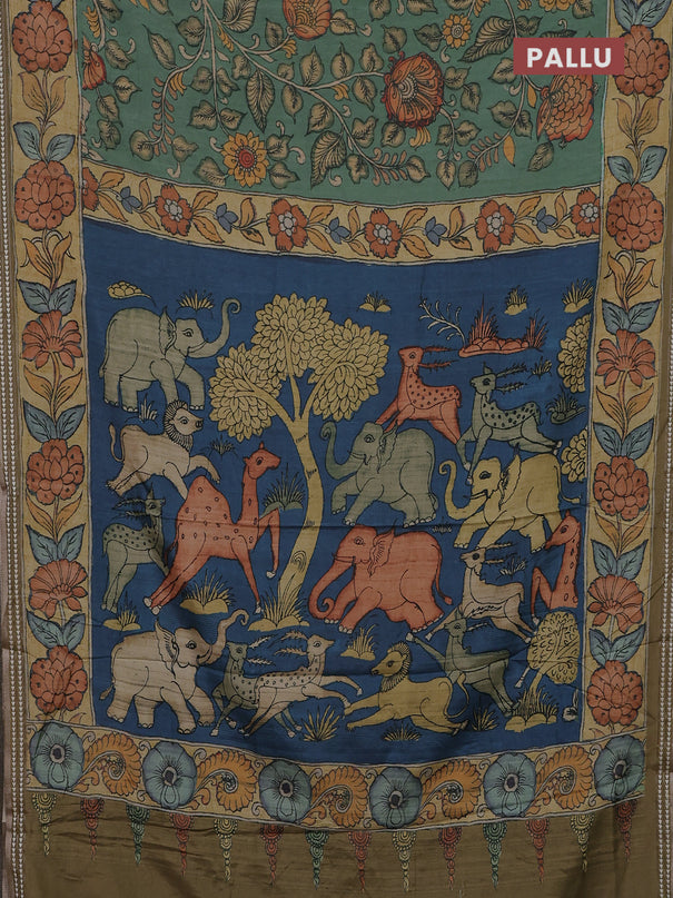 Semi tussar saree green and mustard yellow with allover kalamkari prints and printed border