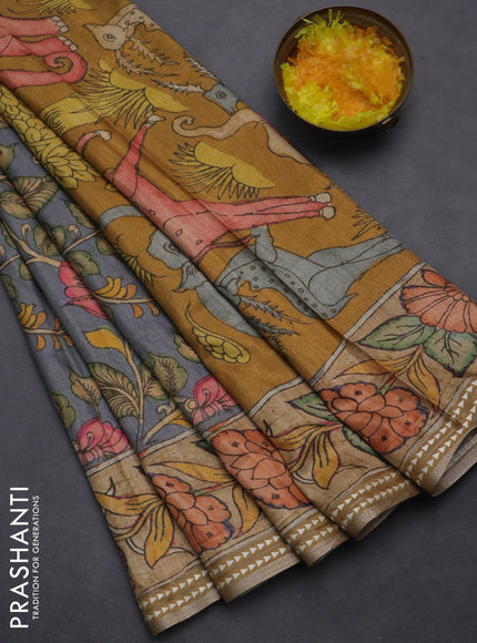 Semi tussar saree grey and sandal with allover kalamkari prints and printed border