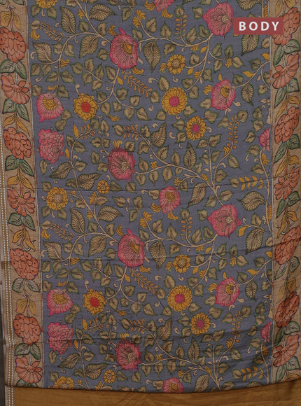Semi tussar saree grey and sandal with allover kalamkari prints and printed border