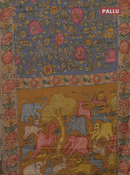 Semi tussar saree grey and sandal with allover kalamkari prints and printed border