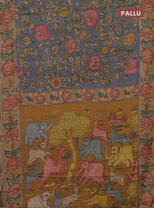 Semi tussar saree grey and sandal with allover kalamkari prints and printed border