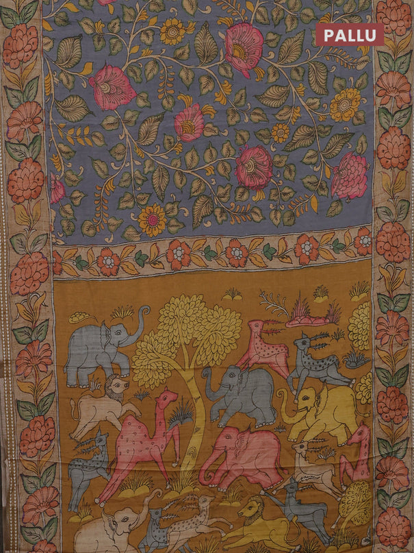Semi tussar saree grey and sandal with allover kalamkari prints and printed border