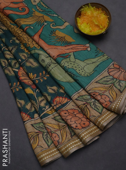 Semi tussar saree peacock green and sandal with allover kalamkari prints and printed border