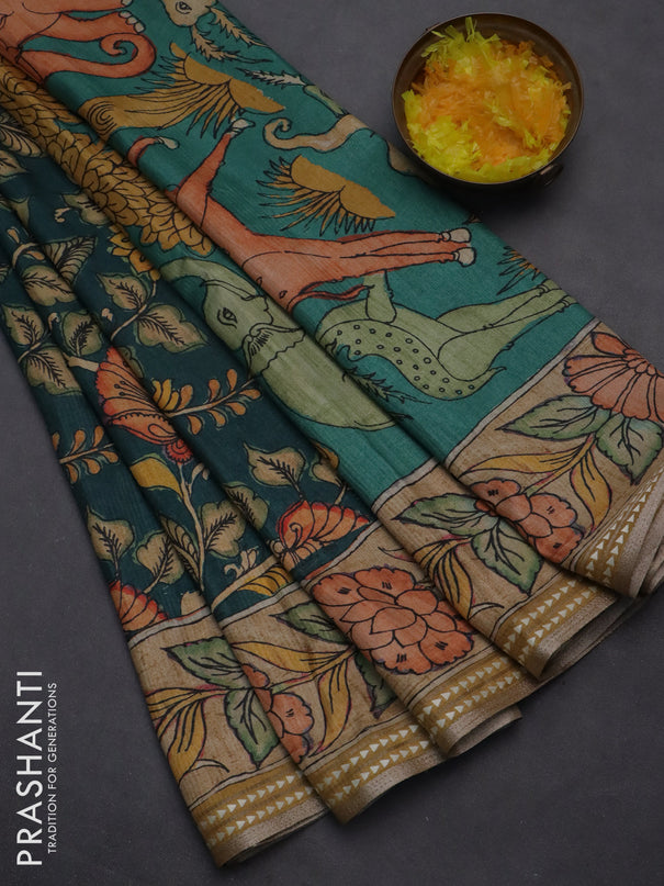 Semi tussar saree peacock green and sandal with allover kalamkari prints and printed border