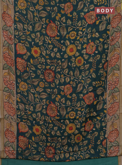 Semi tussar saree peacock green and sandal with allover kalamkari prints and printed border