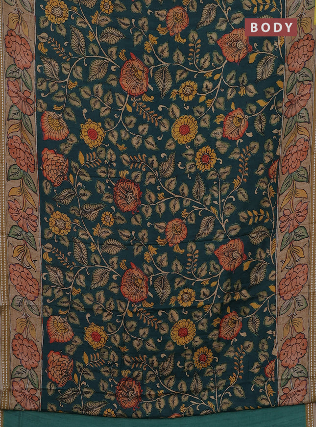 Semi tussar saree peacock green and sandal with allover kalamkari prints and printed border