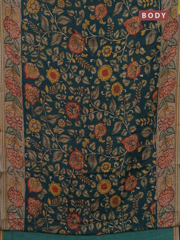 Semi tussar saree peacock green and sandal with allover kalamkari prints and printed border