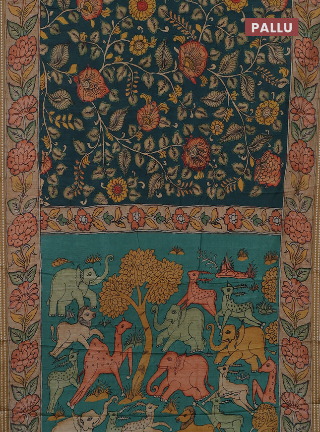 Semi tussar saree peacock green and sandal with allover kalamkari prints and printed border