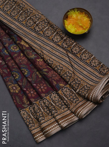 Semi tussar saree wine shade and dark mustard with allover kalamkari prints and printed border