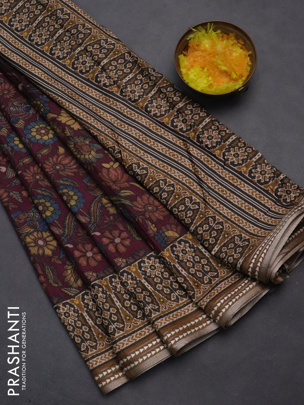 Semi tussar saree wine shade and dark mustard with allover kalamkari prints and printed border