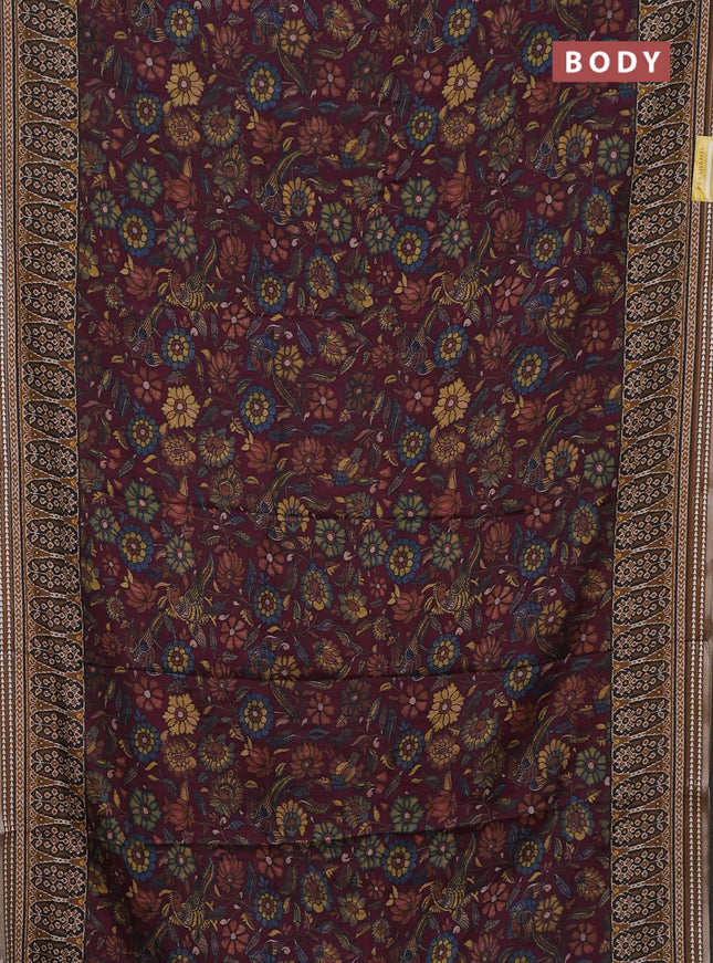 Semi tussar saree wine shade and dark mustard with allover kalamkari prints and printed border