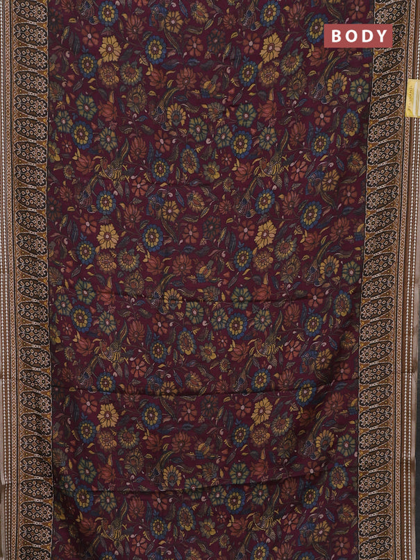 Semi tussar saree wine shade and dark mustard with allover kalamkari prints and printed border