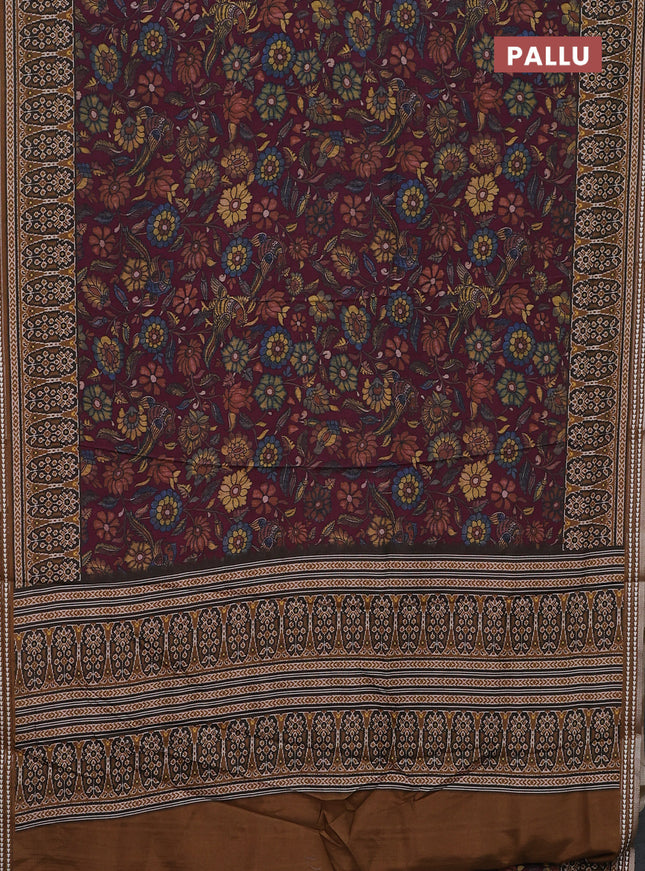 Semi tussar saree wine shade and dark mustard with allover kalamkari prints and printed border