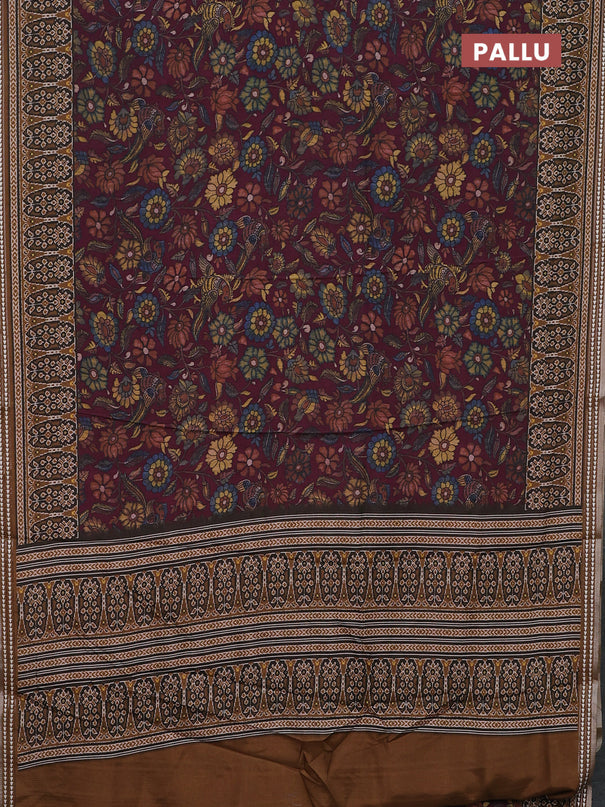Semi tussar saree wine shade and dark mustard with allover kalamkari prints and printed border