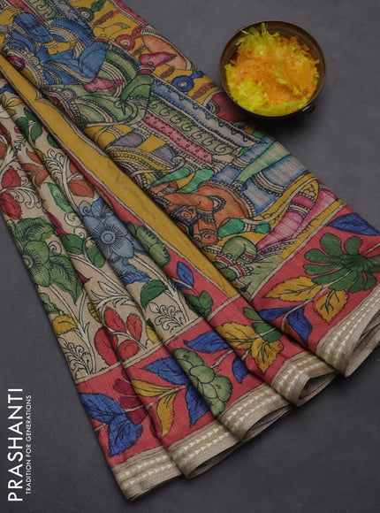 Semi tussar saree beige and peach pink with allover kalamkari prints and printed border