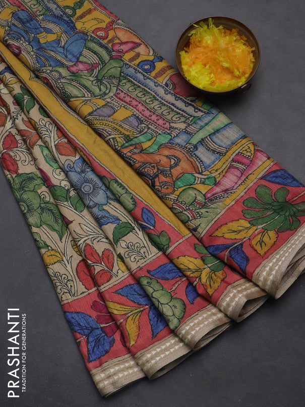 Semi tussar saree beige and peach pink with allover kalamkari prints and printed border