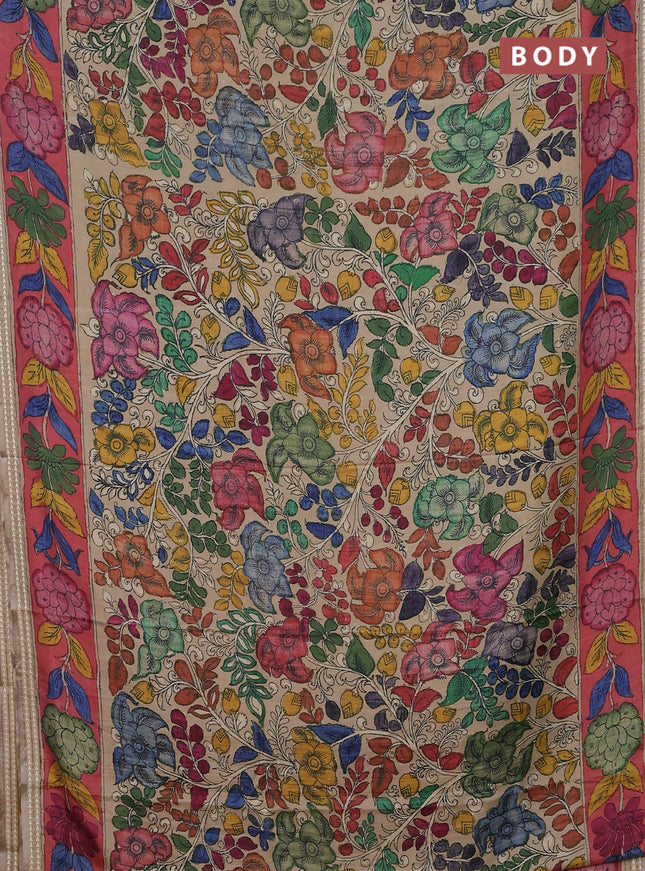 Semi tussar saree beige and peach pink with allover kalamkari prints and printed border